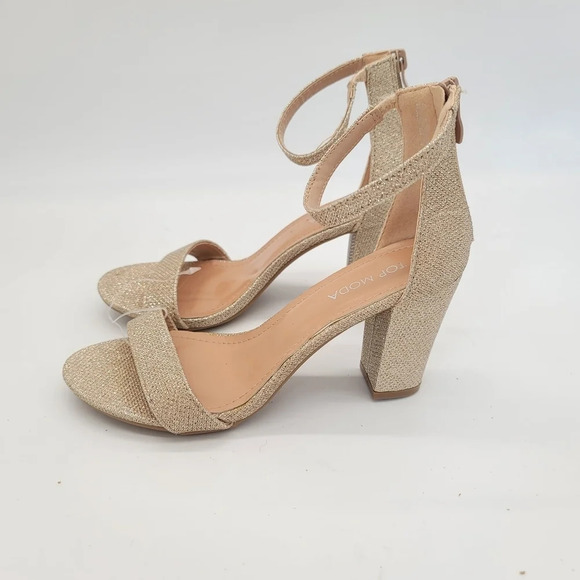 New Top Moda Women Hannah Block Heel Metallic Glitter Ankle Strap Sandal Gold 7 - Picture 1 of 10